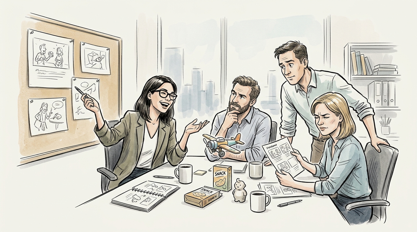 Team discusses sketches around table; labels read “SNACK” and “SKETCHBOOK”