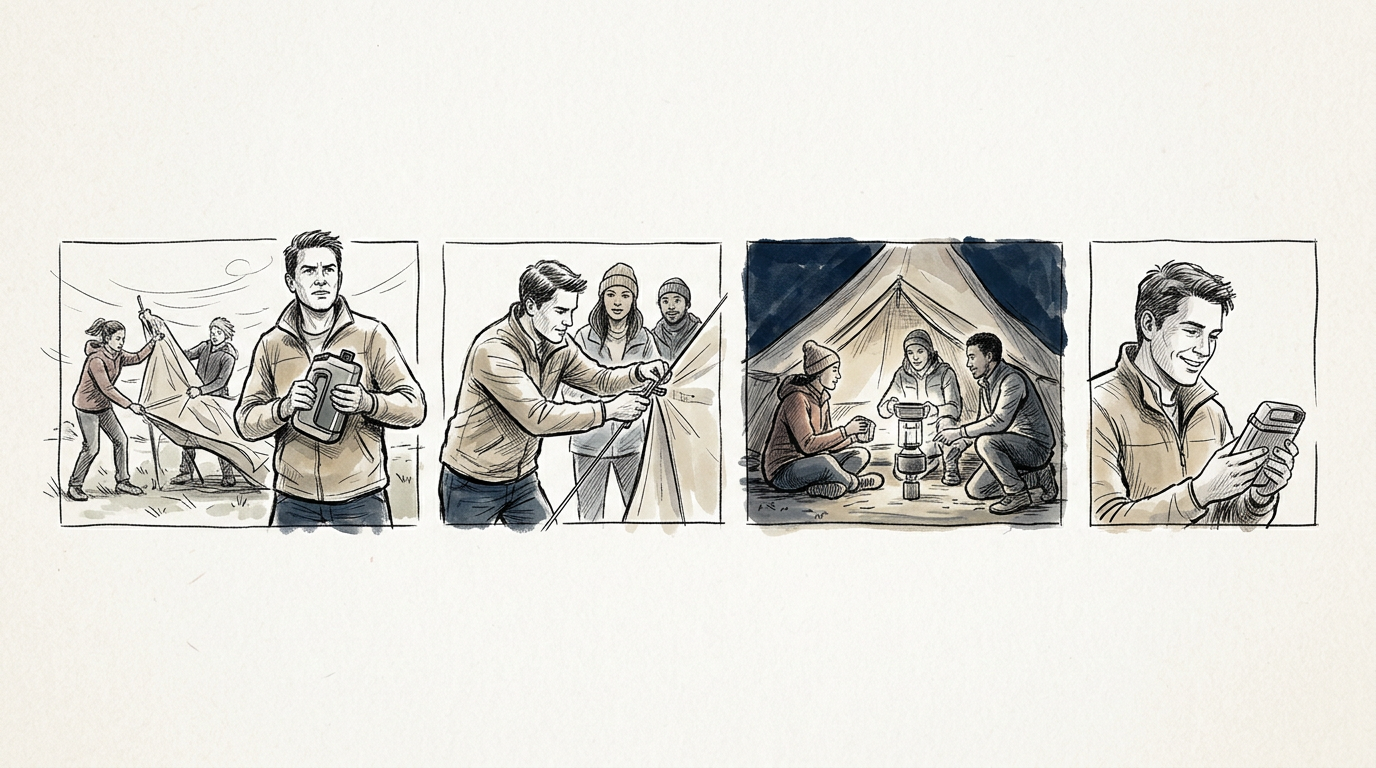 Four-panel camping sequence showing tent setup, group cooking, and gear use