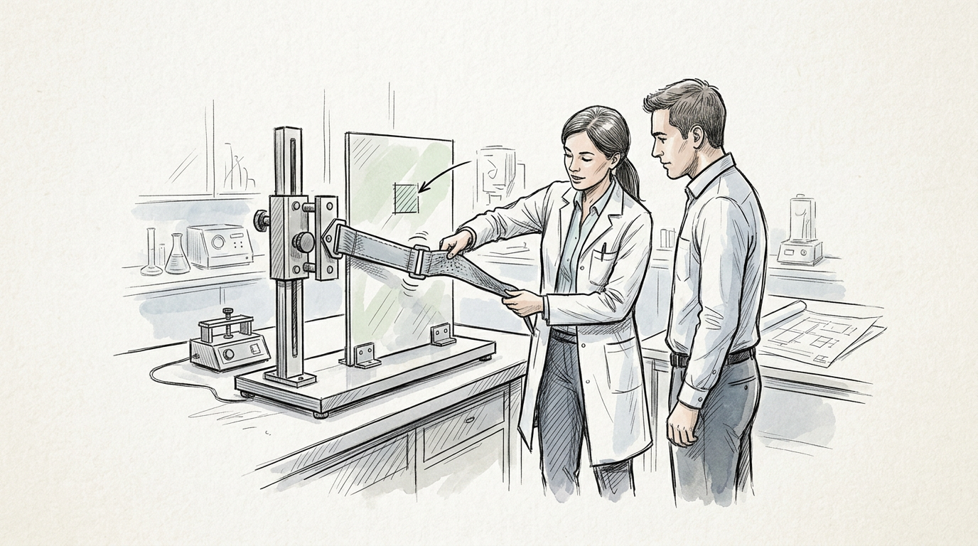 Researchers testing a material strip with a tensile-strength machine