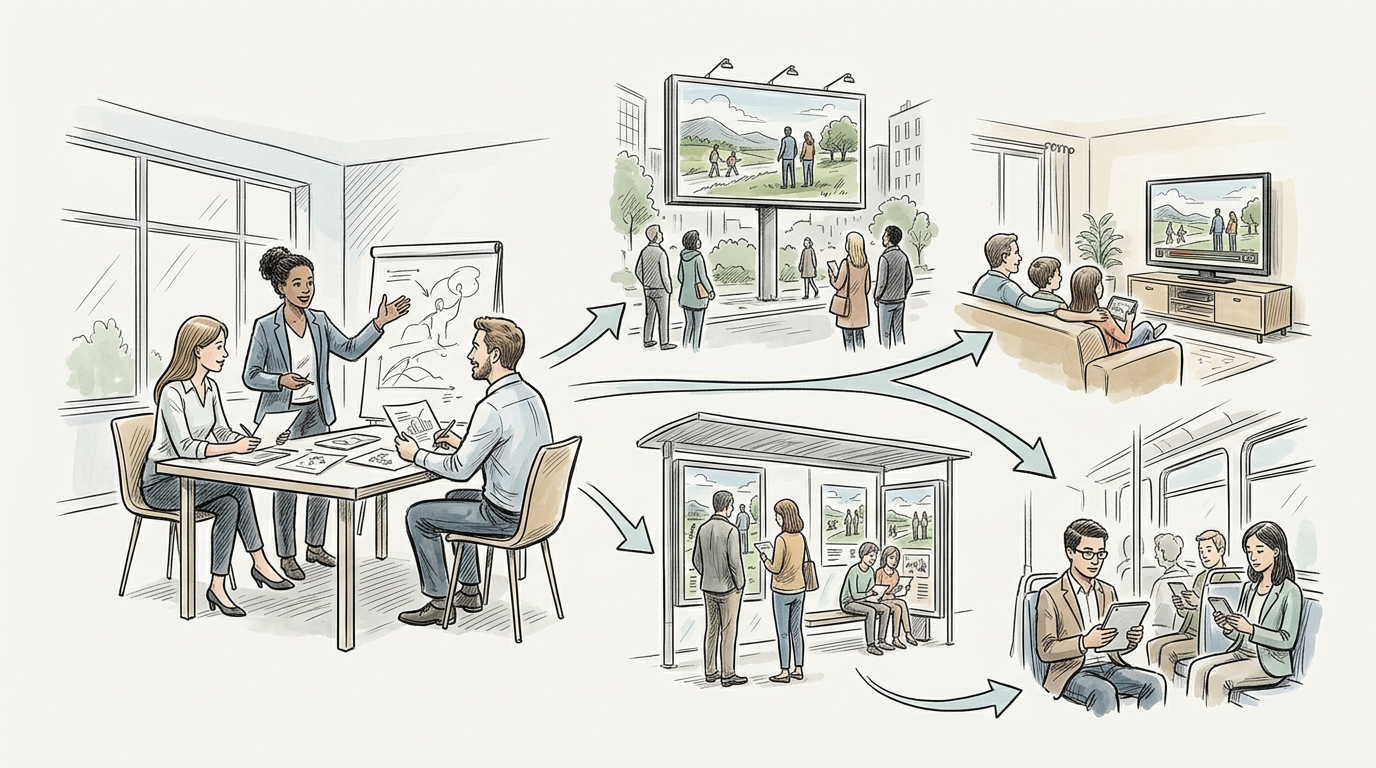 Team planning a campaign that appears across billboards, television, bus shelters, and transit