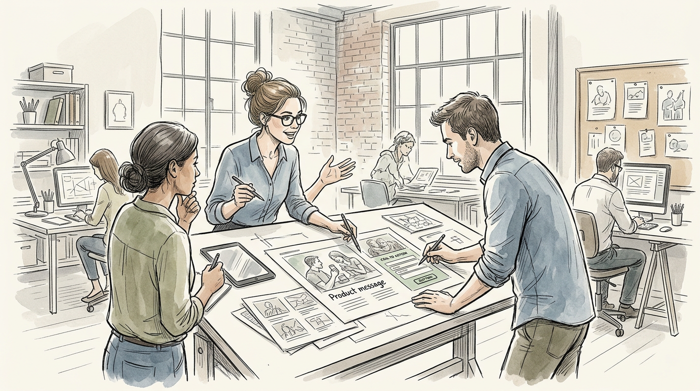 Design team collaborating on product messaging sketches around a table