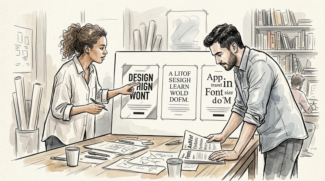Two designers reviewing typography mockups at a studio table