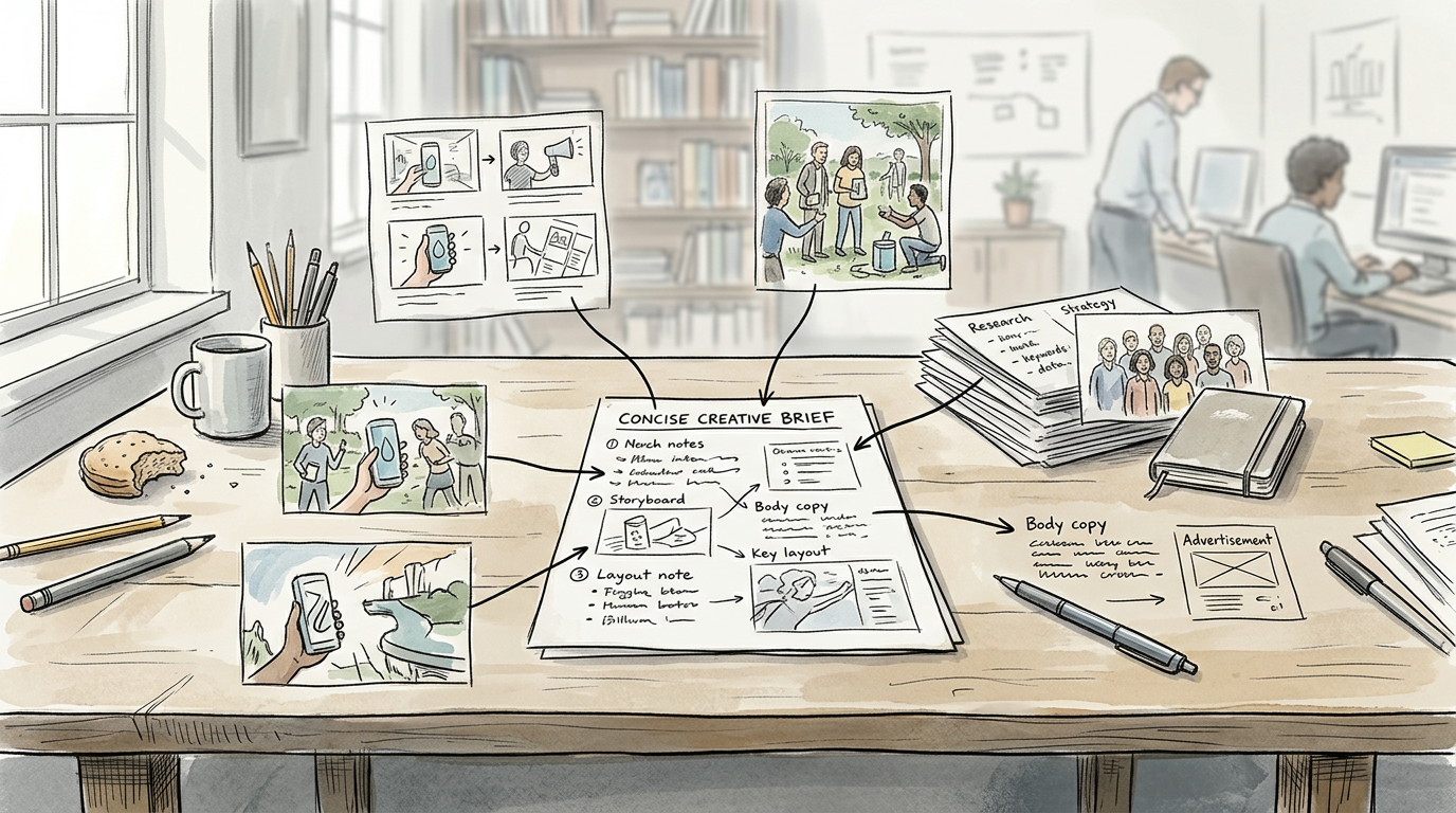 Illustrated desk with a concise creative brief, sketches, research notes, and campaign concepts