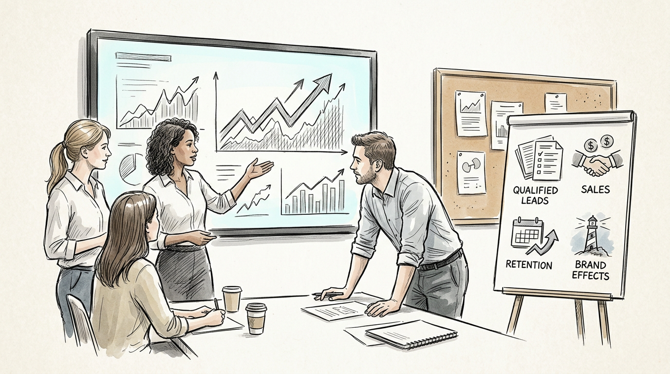 Four-person marketing team reviewing growth charts and campaign priorities