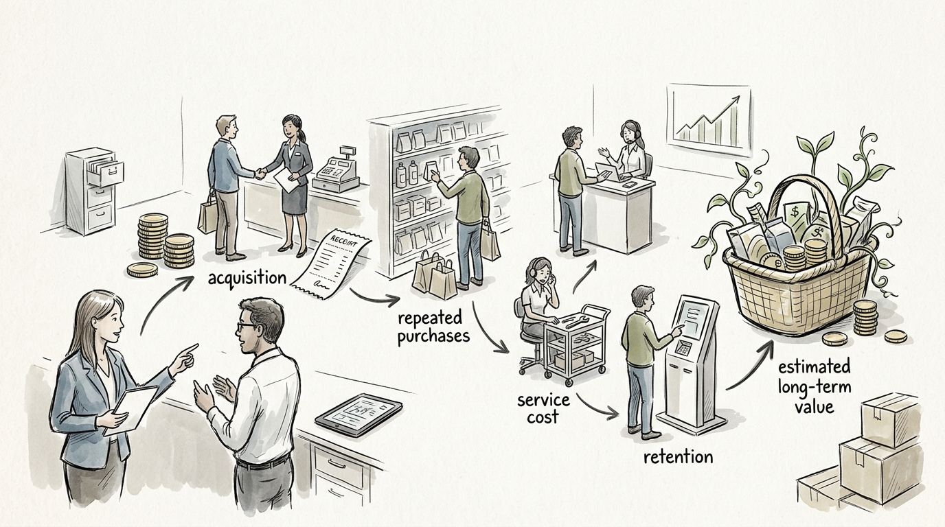 Customer value timeline with repeat purchases