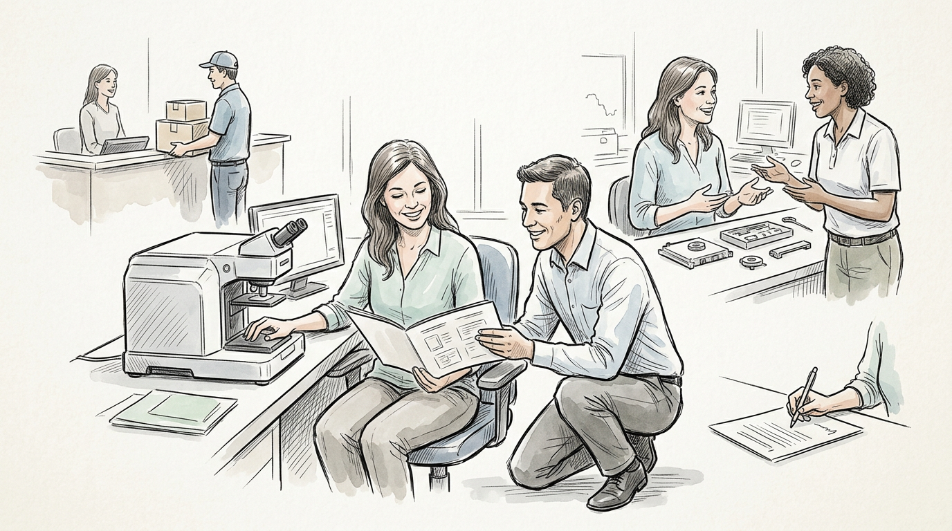 Colleagues reviewing product materials beside equipment in a workplace