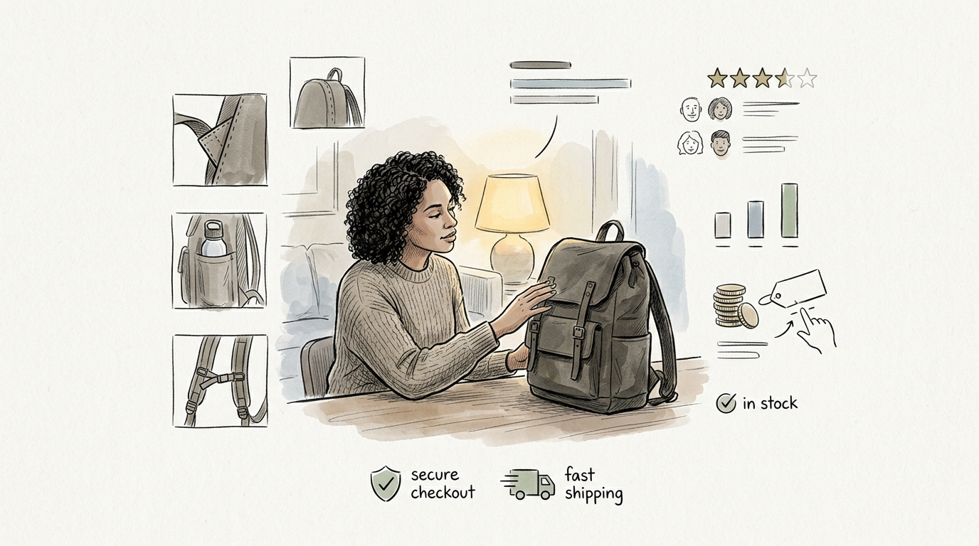 Woman reviewing a backpack with in stock, secure checkout, and fast shipping