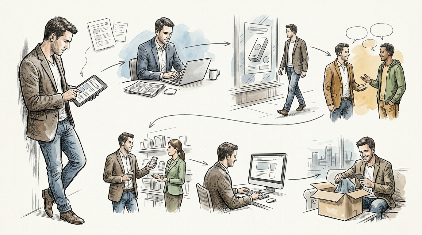Illustrated customer journey from product discovery through consultation, purchase, and delivery
