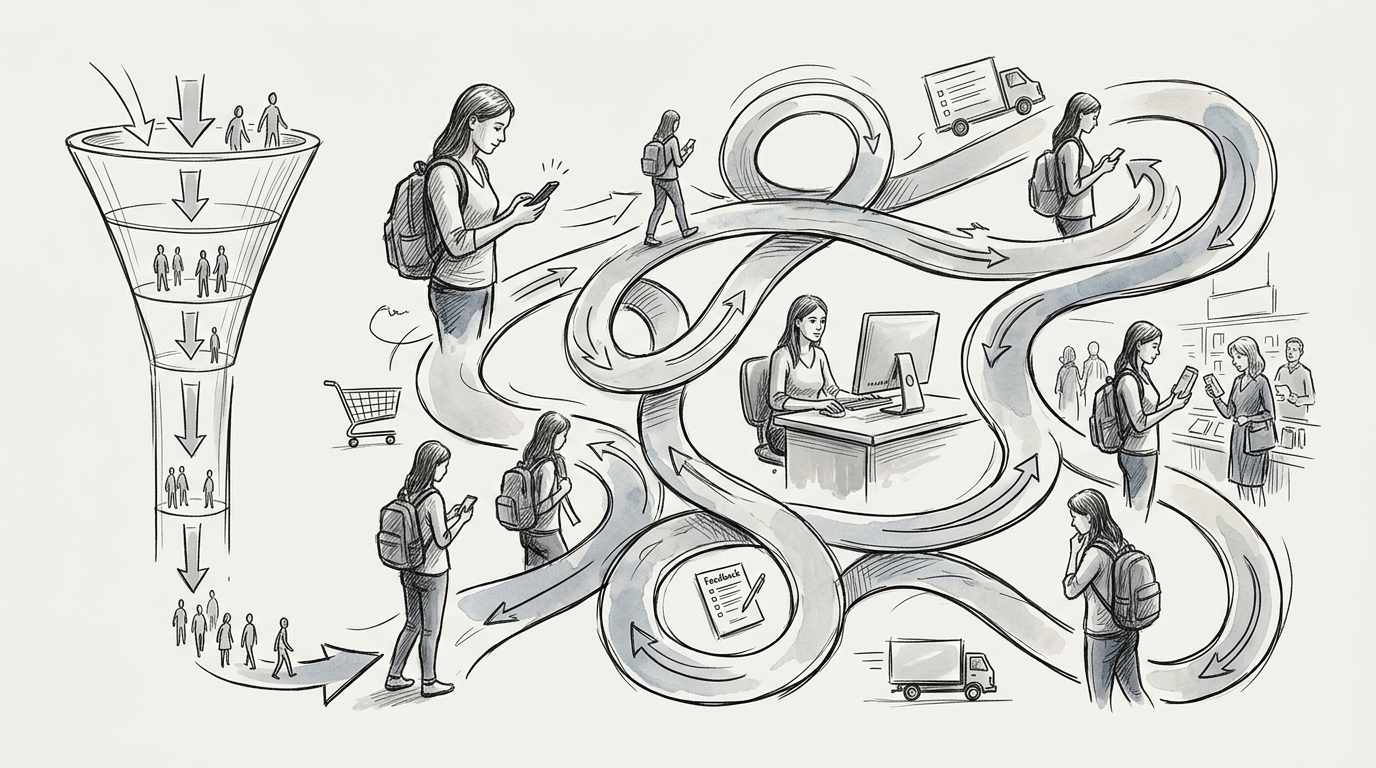 Illustrated customer journey with funnel, people, digital touchpoints, feedback, and delivery
