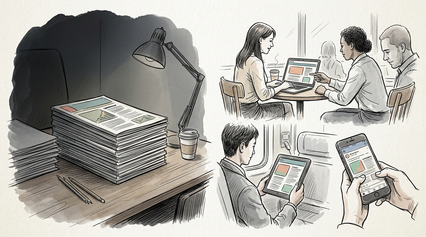 Printed publications alongside people using laptops, tablets, and smartphones