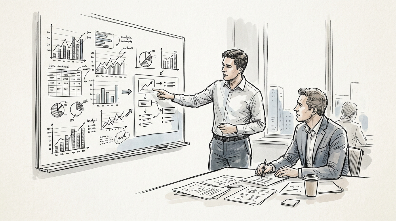 Business team reviewing analytics charts during a strategy meeting