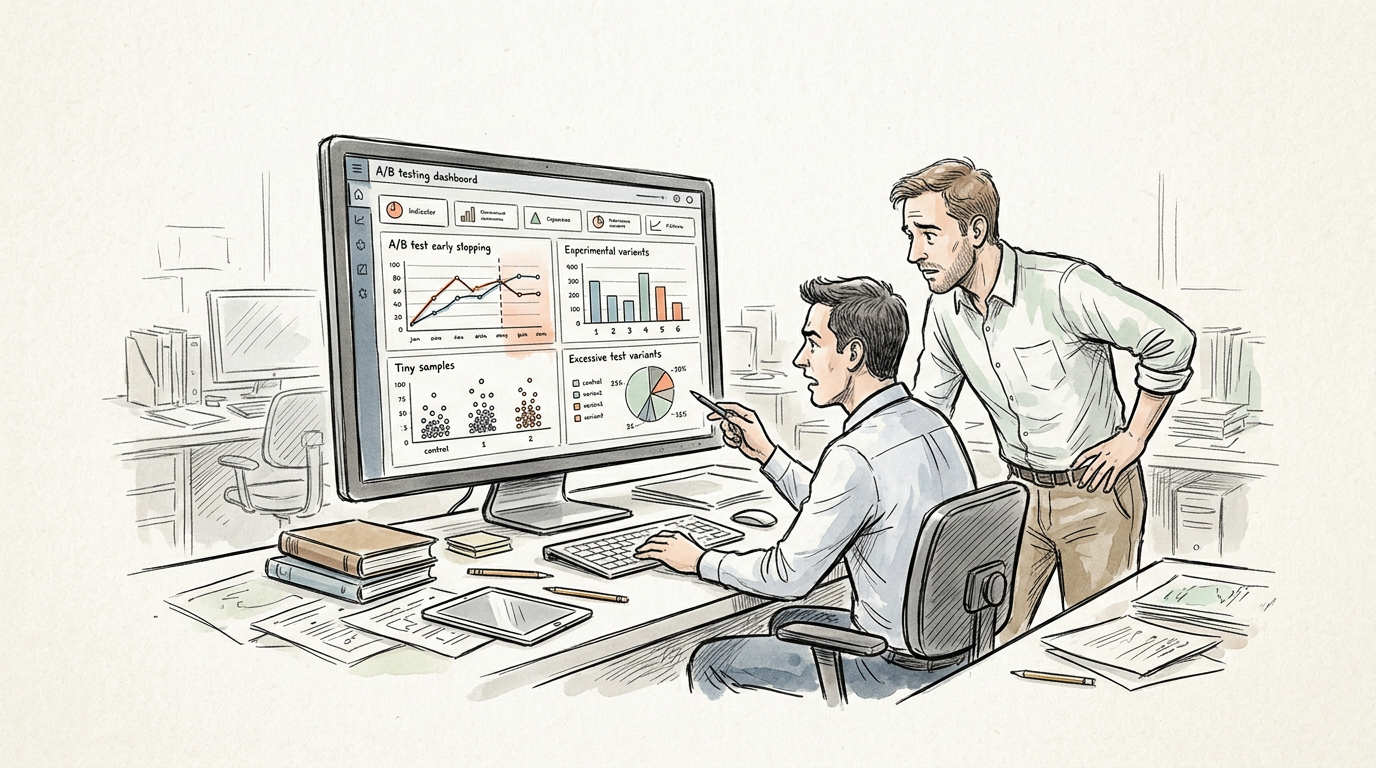Two colleagues reviewing an A/B testing dashboard with charts and experiment results