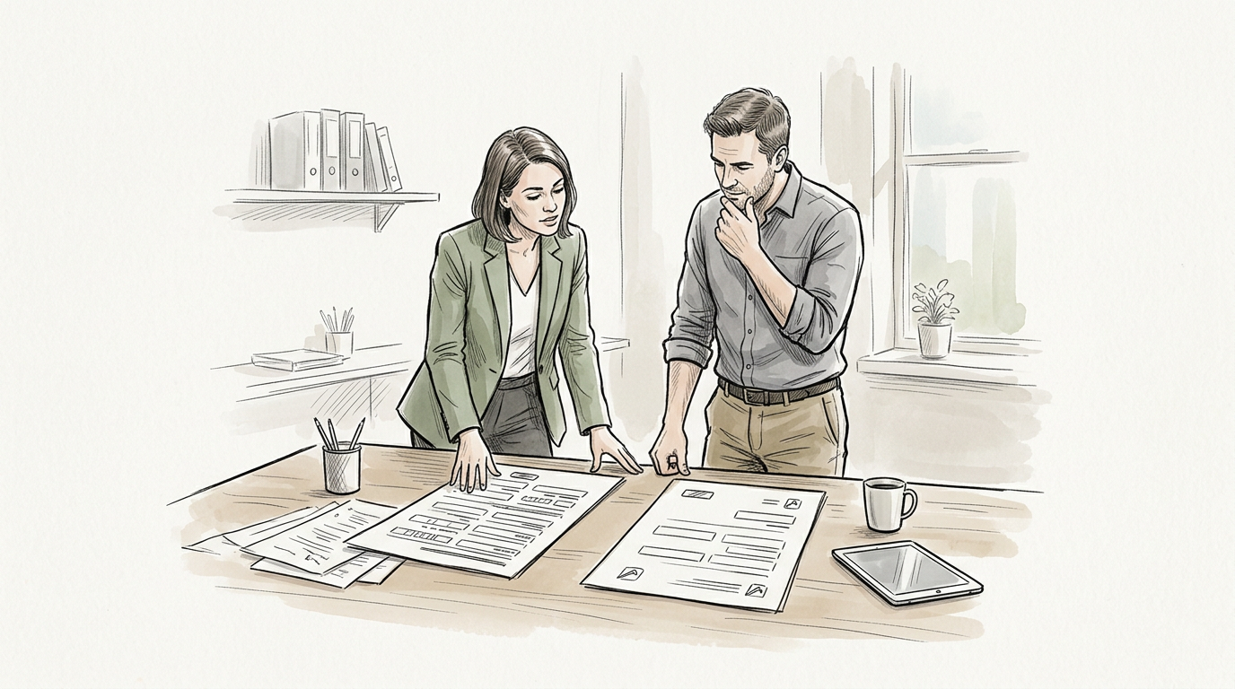 Two colleagues reviewing documents together at an office desk