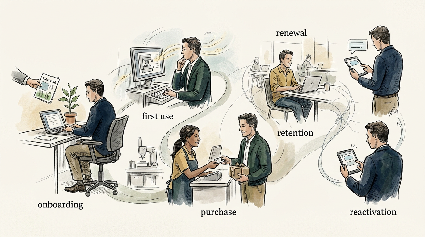 Customer lifecycle diagram labeled onboarding, first use, purchase, renewal, retention, and reactivation