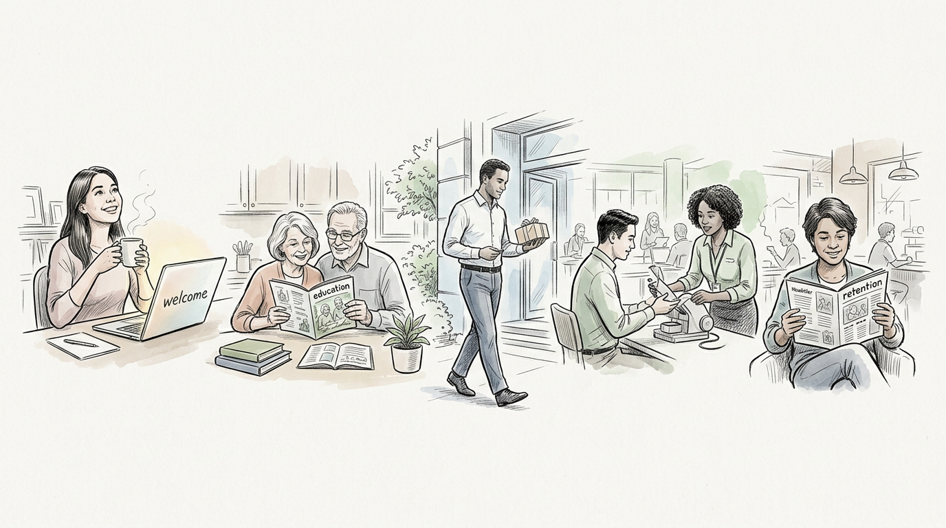 Illustration of customer experience stages: welcome, education, service, and retention