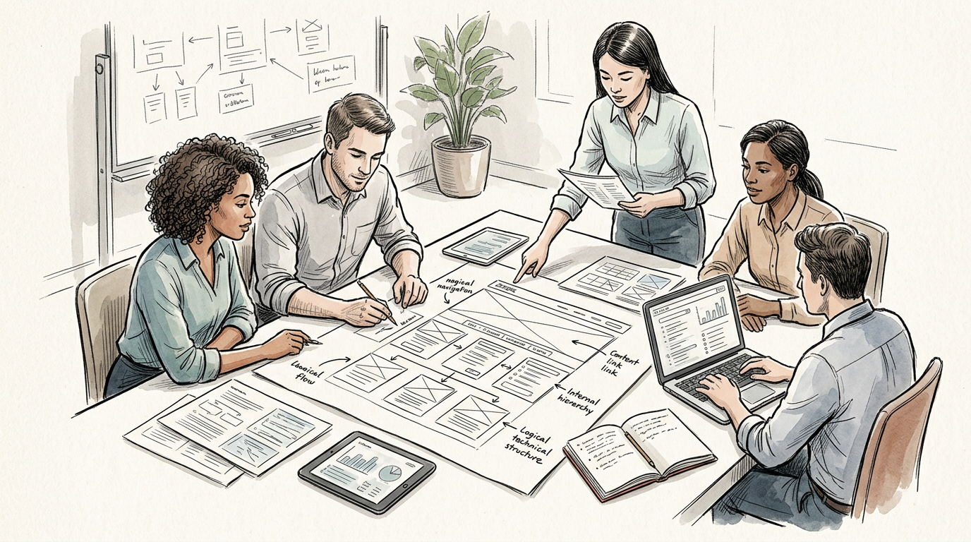 Team collaborating on website wireframes, user flows, and information architecture