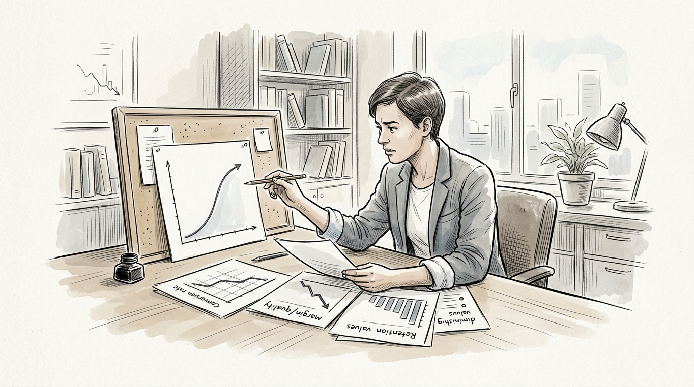 Business analyst reviewing charts and trend graphs at a desk