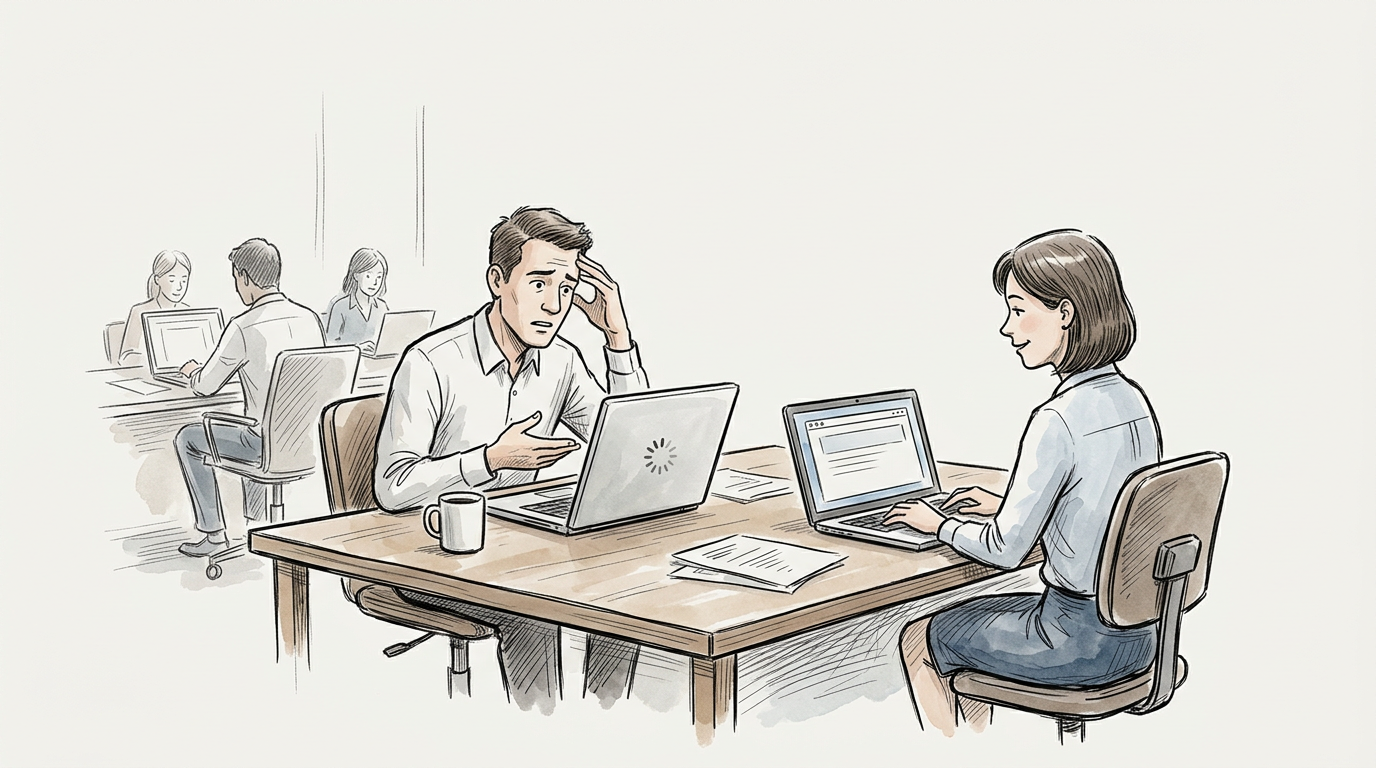 Colleagues working at a table as one laptop displays a loading symbol