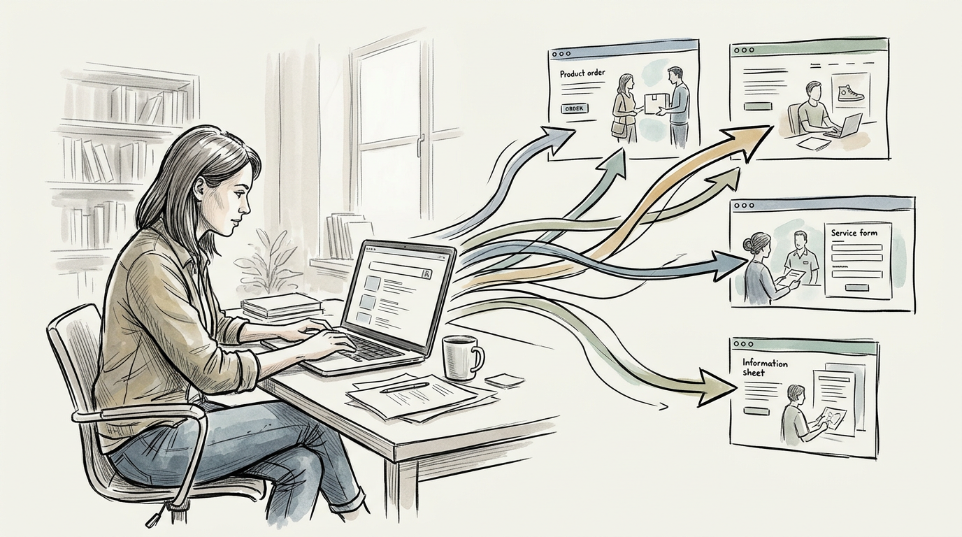 Woman using laptop with arrows to Product order, Service form, and Information sheet screens
