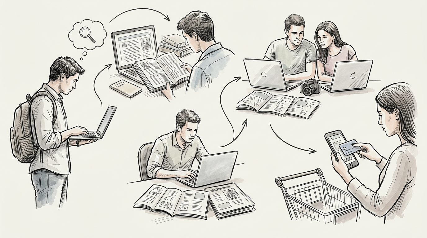People using books, laptops, cameras, and phones to research information
