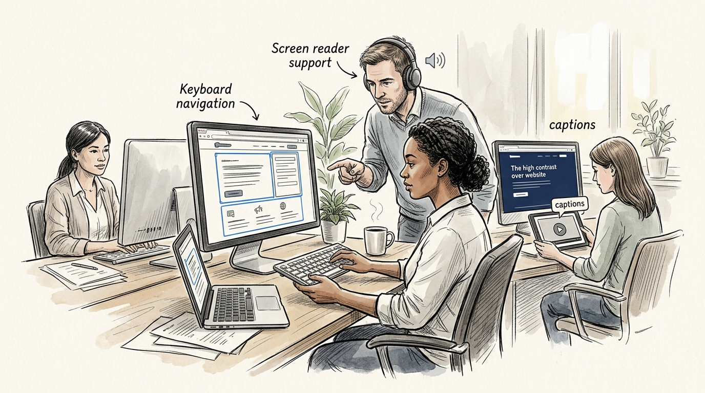Team discussing Screen reader support, Keyboard navigation, captions, and The high contrast over website
