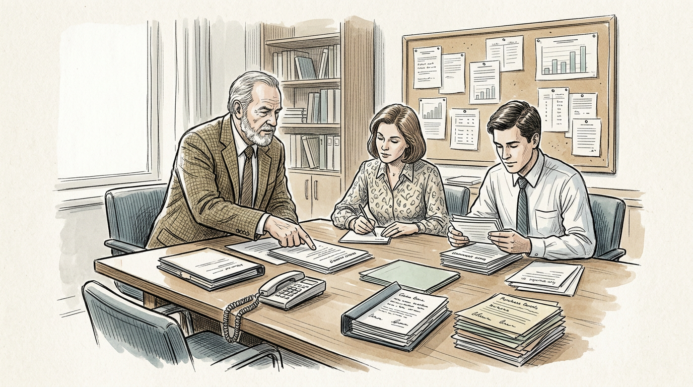 Three colleagues reviewing documents around an office conference table