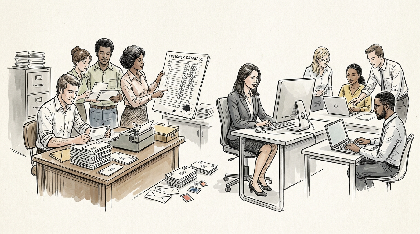 Office team managing “CUSTOMER DATABASE” records with paper files and computers
