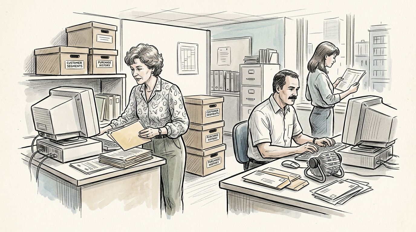 Office workers organize boxes labeled “CUSTOMER SEGMENTS” and “PURCHASE HISTORY” around computers