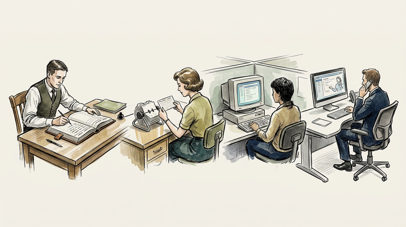 Illustration of recordkeeping evolving from handwritten ledgers to computer systems