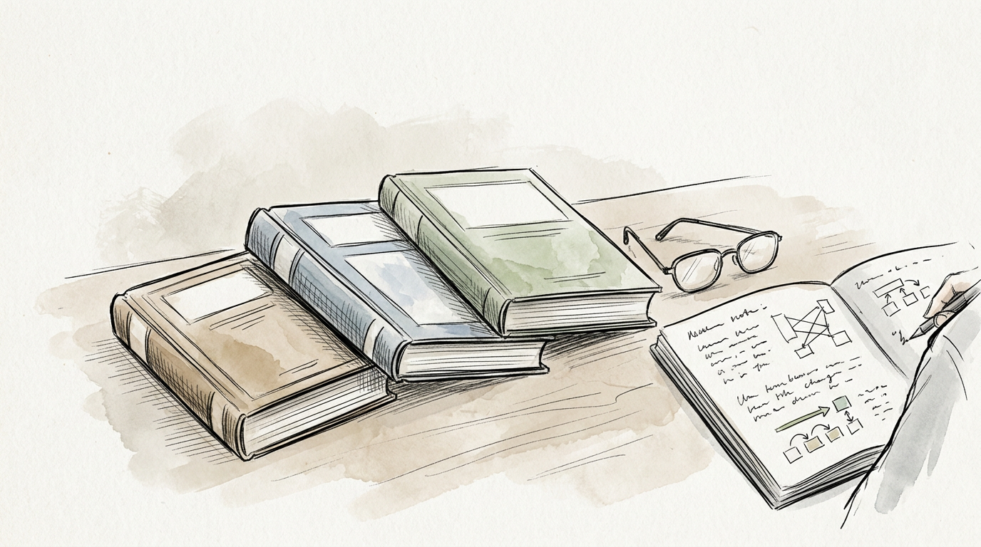 Three books, glasses, and an open notebook with handwritten diagrams