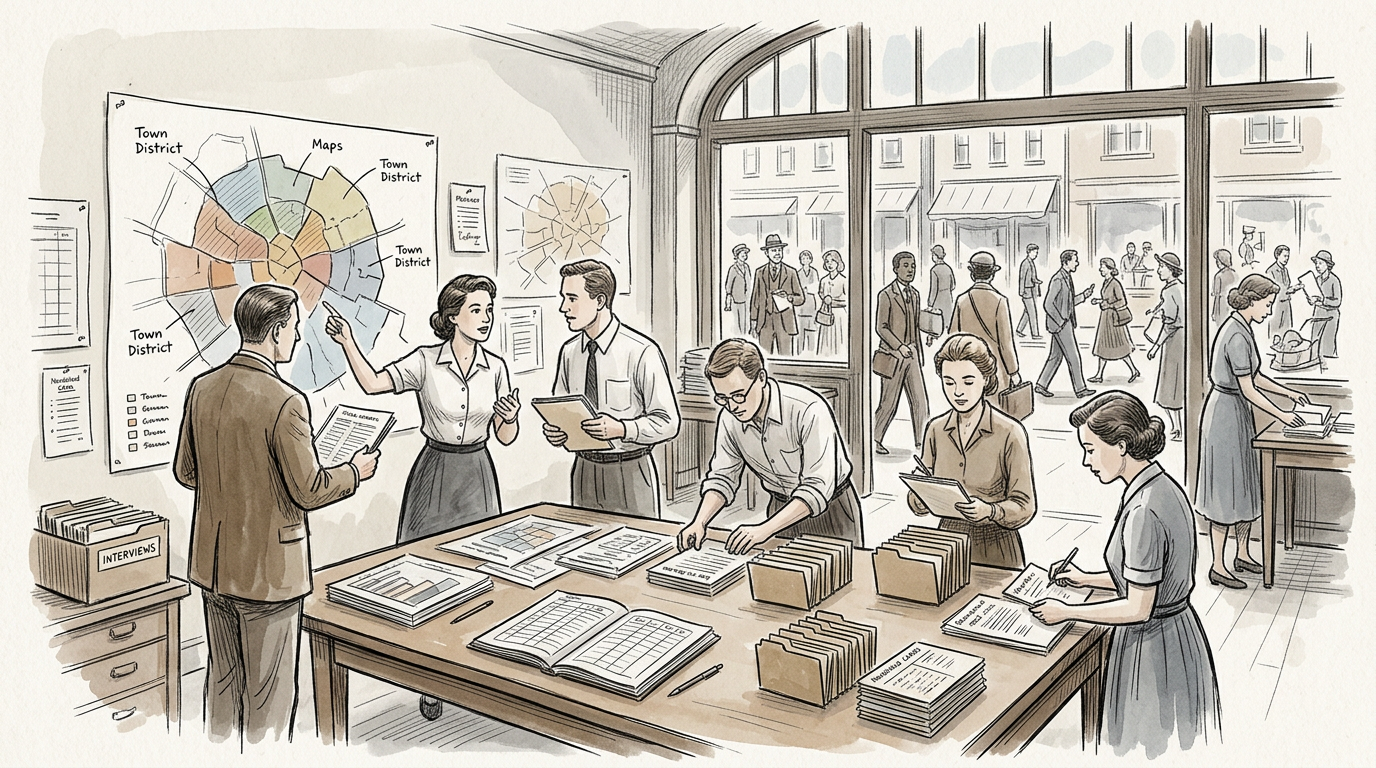Researchers organize interviews and maps around a town district planning table