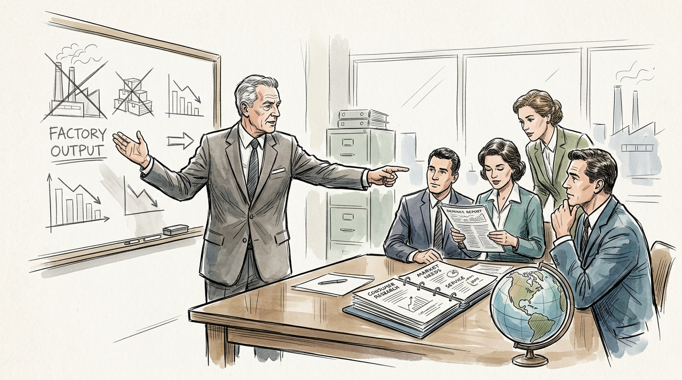 Executive presenting factory output charts to colleagues reviewing market reports and global trends