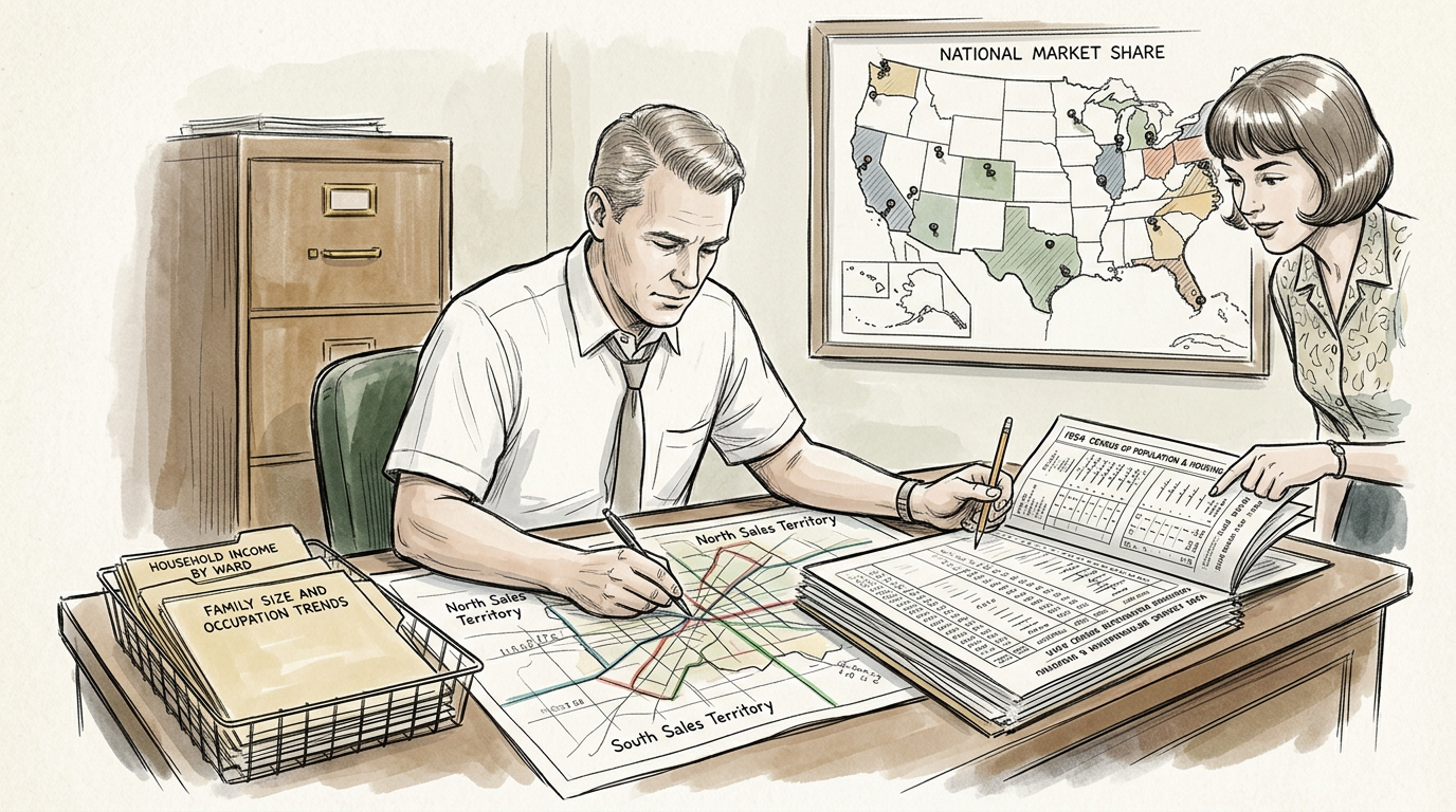 Mid-century analyst studying consumer market research