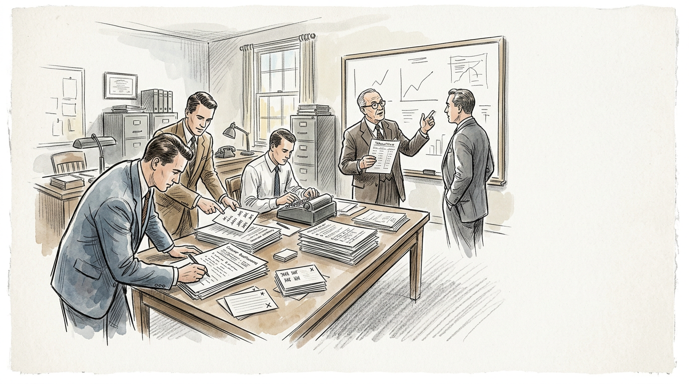 Four office workers reviewing documents beneath business charts