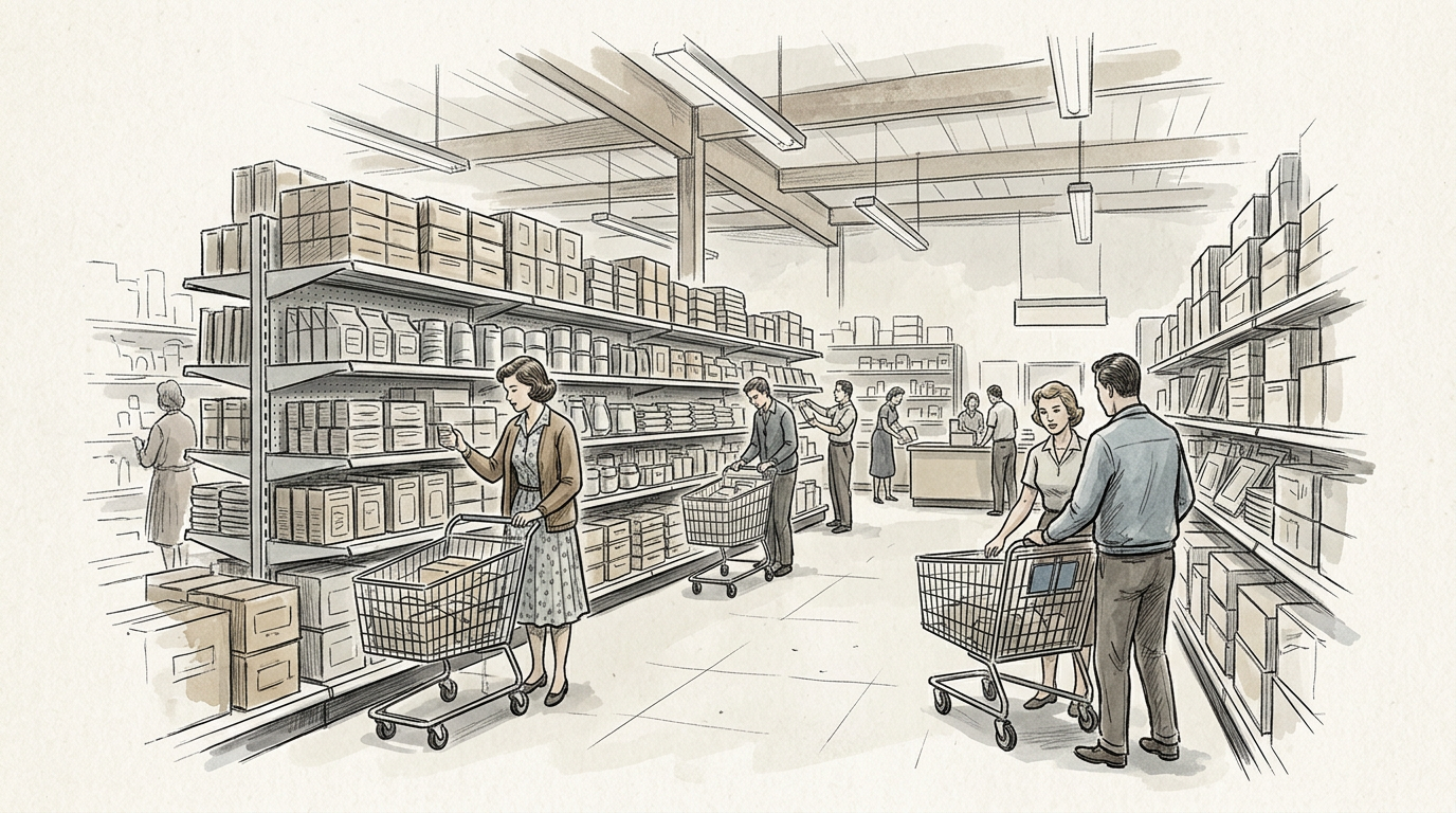 Several shoppers browsing shelves in a large store with shopping carts