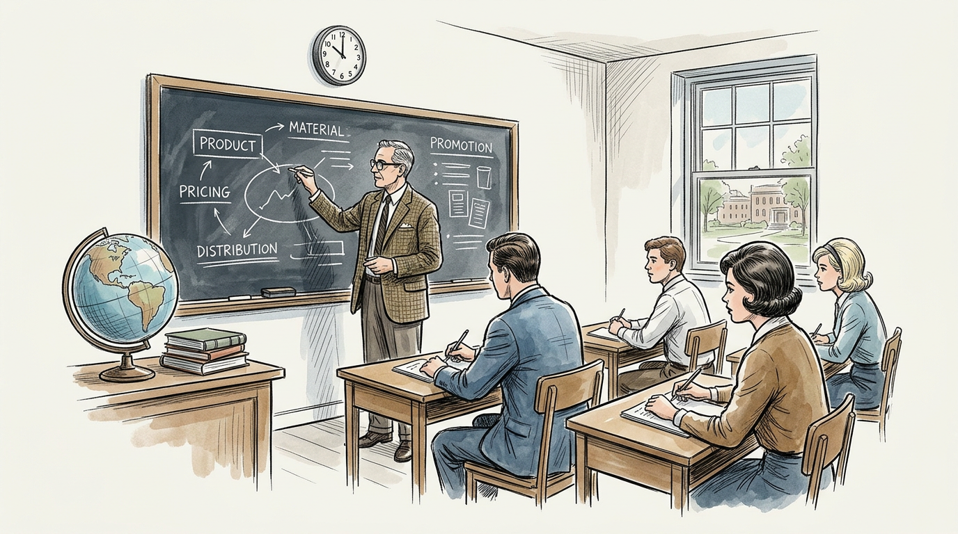 Instructor teaching beside a board labeled Product, Material, Promotion, Pricing, and Distribution
