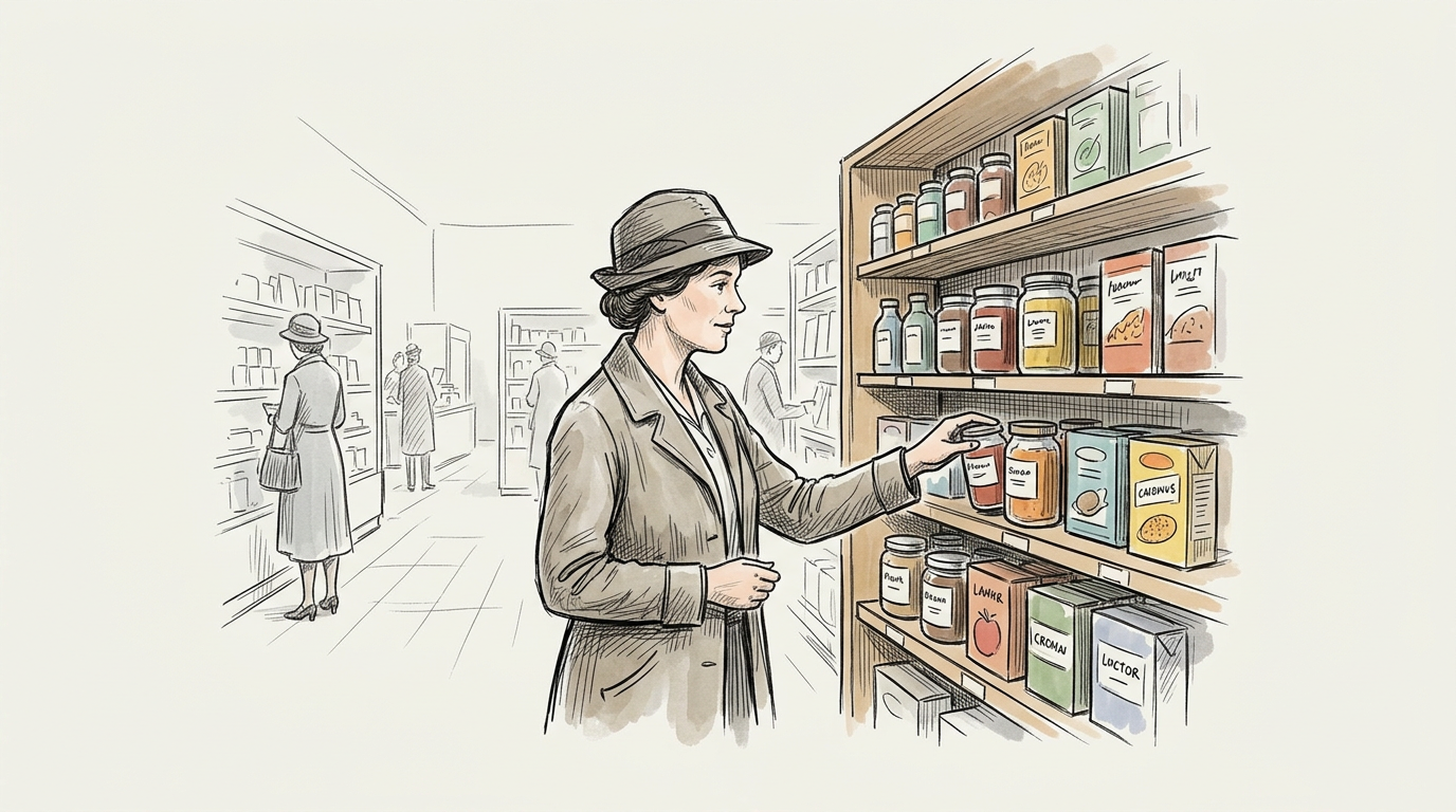 Shopper choosing packaged goods from a grocery store shelf
