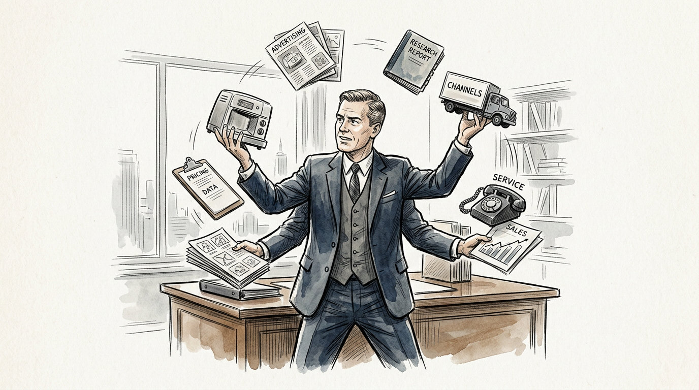 Business professional balancing labeled marketing functions and channels