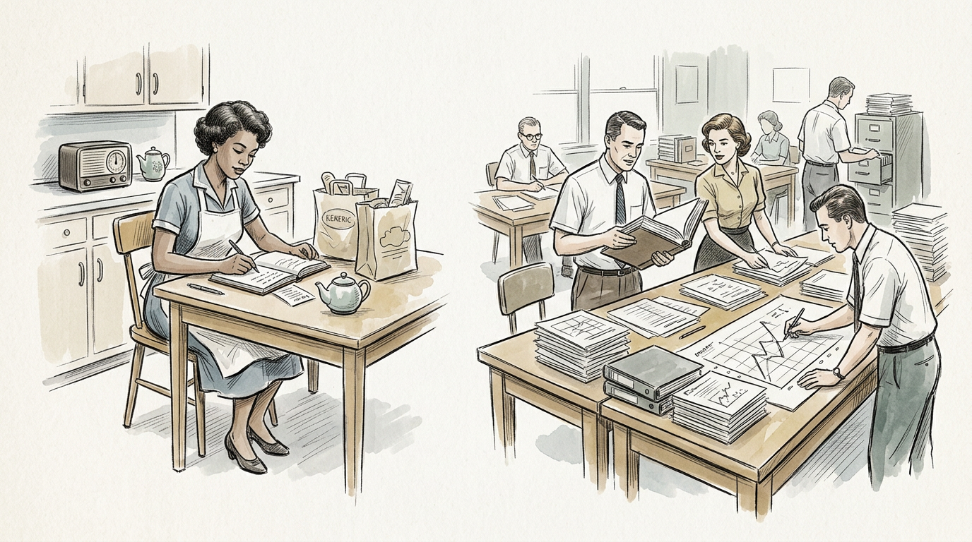 Split illustration of a woman studying at home and coworkers collaborating in an office