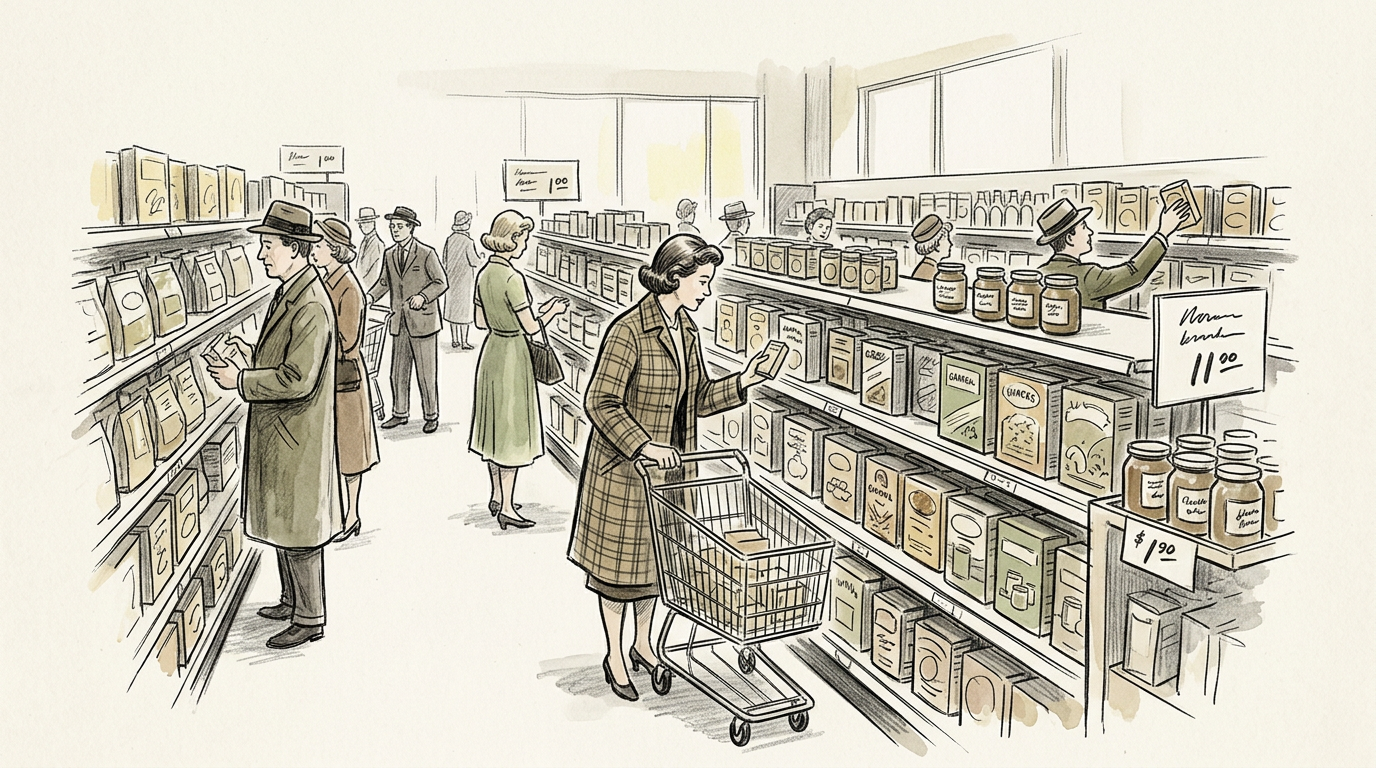 Mid-century supermarket shoppers comparing packaged products