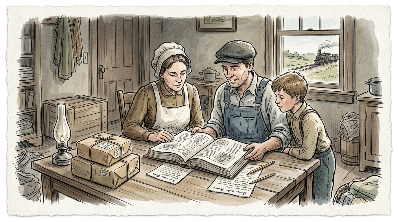 Family studying an open book and travel papers at a table