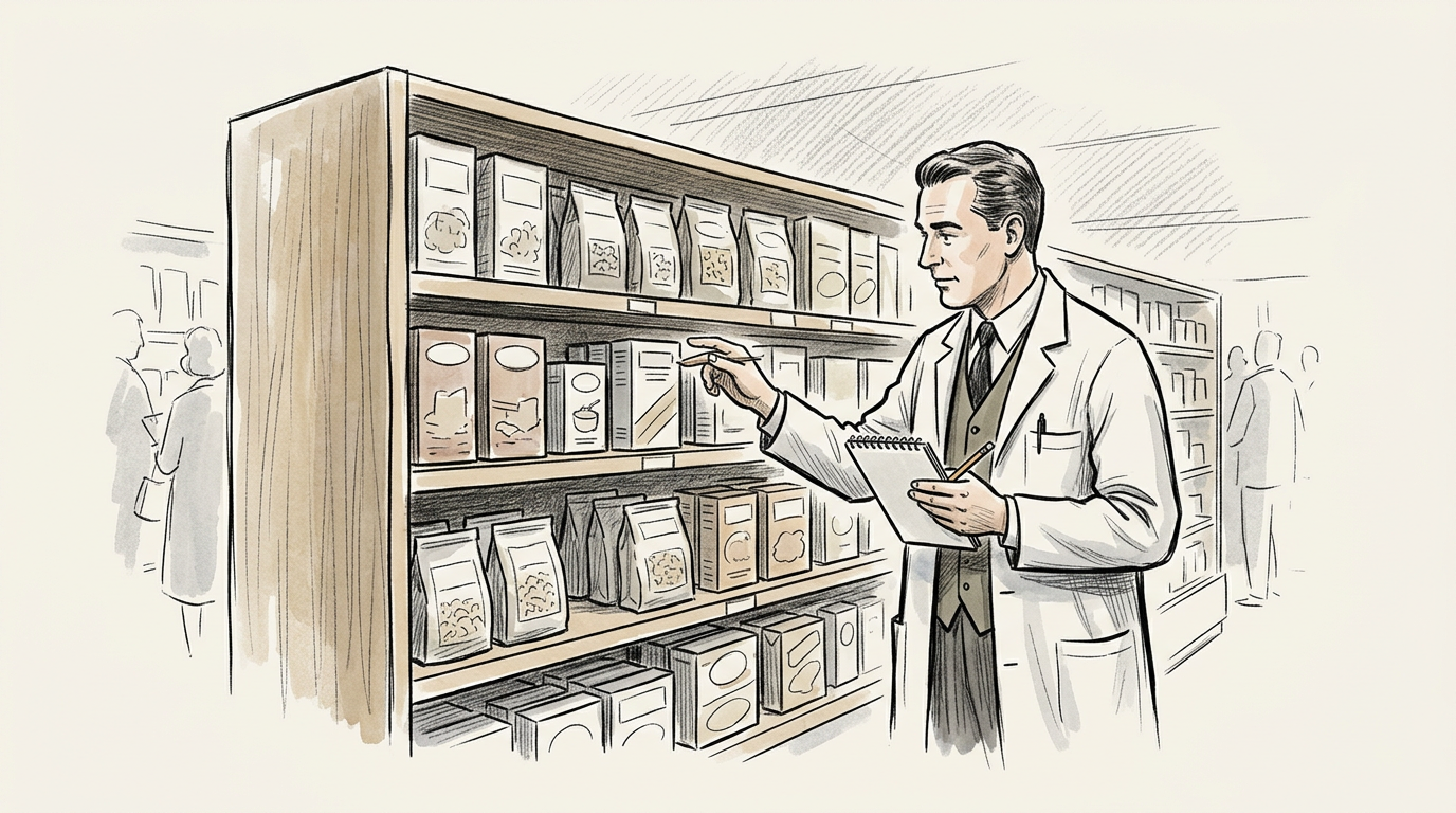 Pharmacist examining packaged products while taking notes in a store aisle