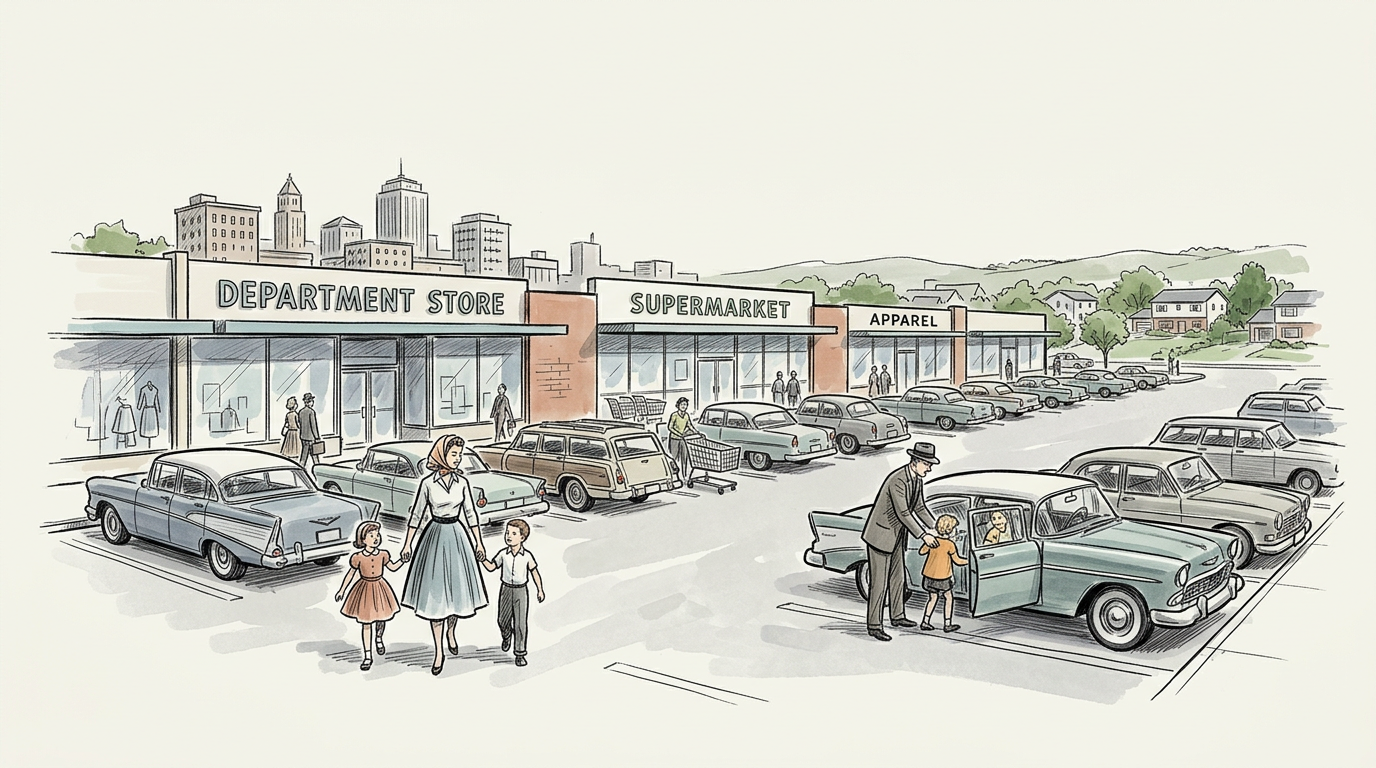 Mid-century suburban shopping center with arriving families