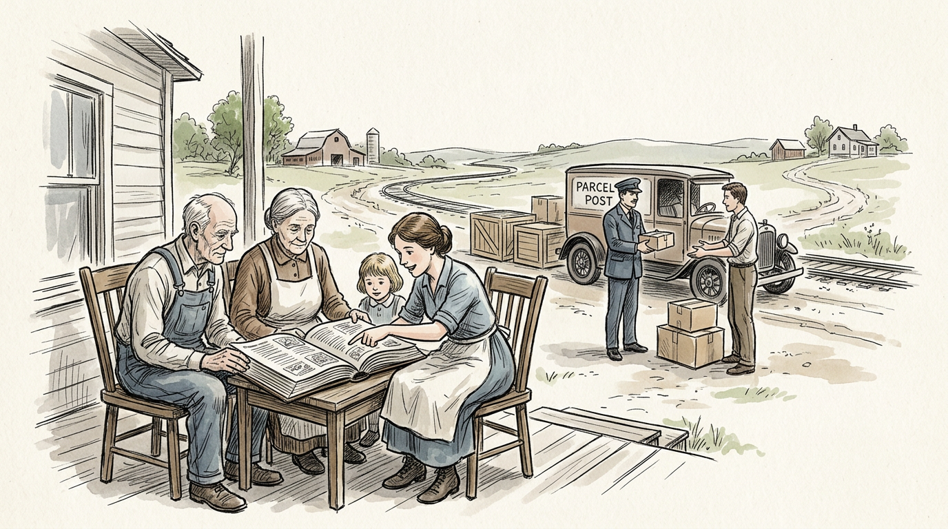 Family reading a catalog beside a PARCEL POST delivery truck