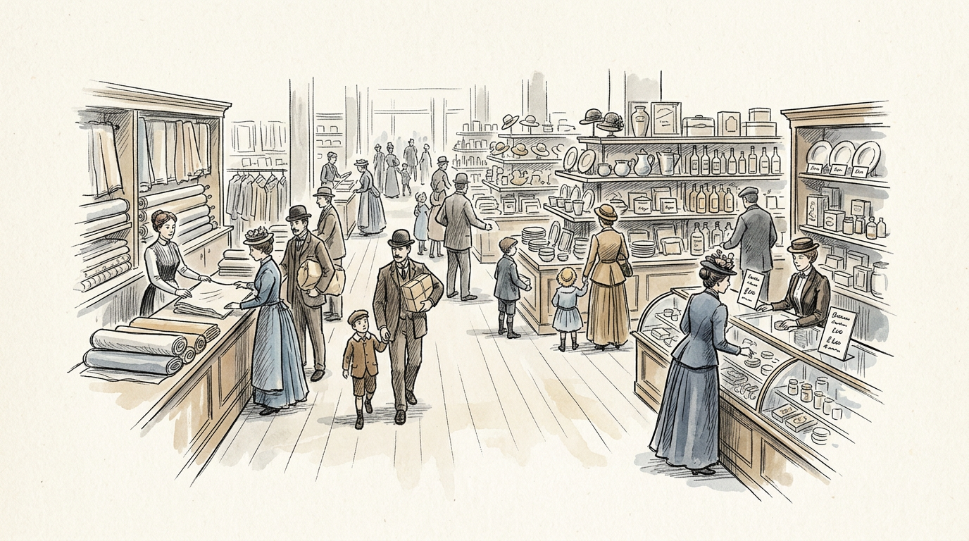 Vintage department store interior with shoppers browsing fabrics and household goods