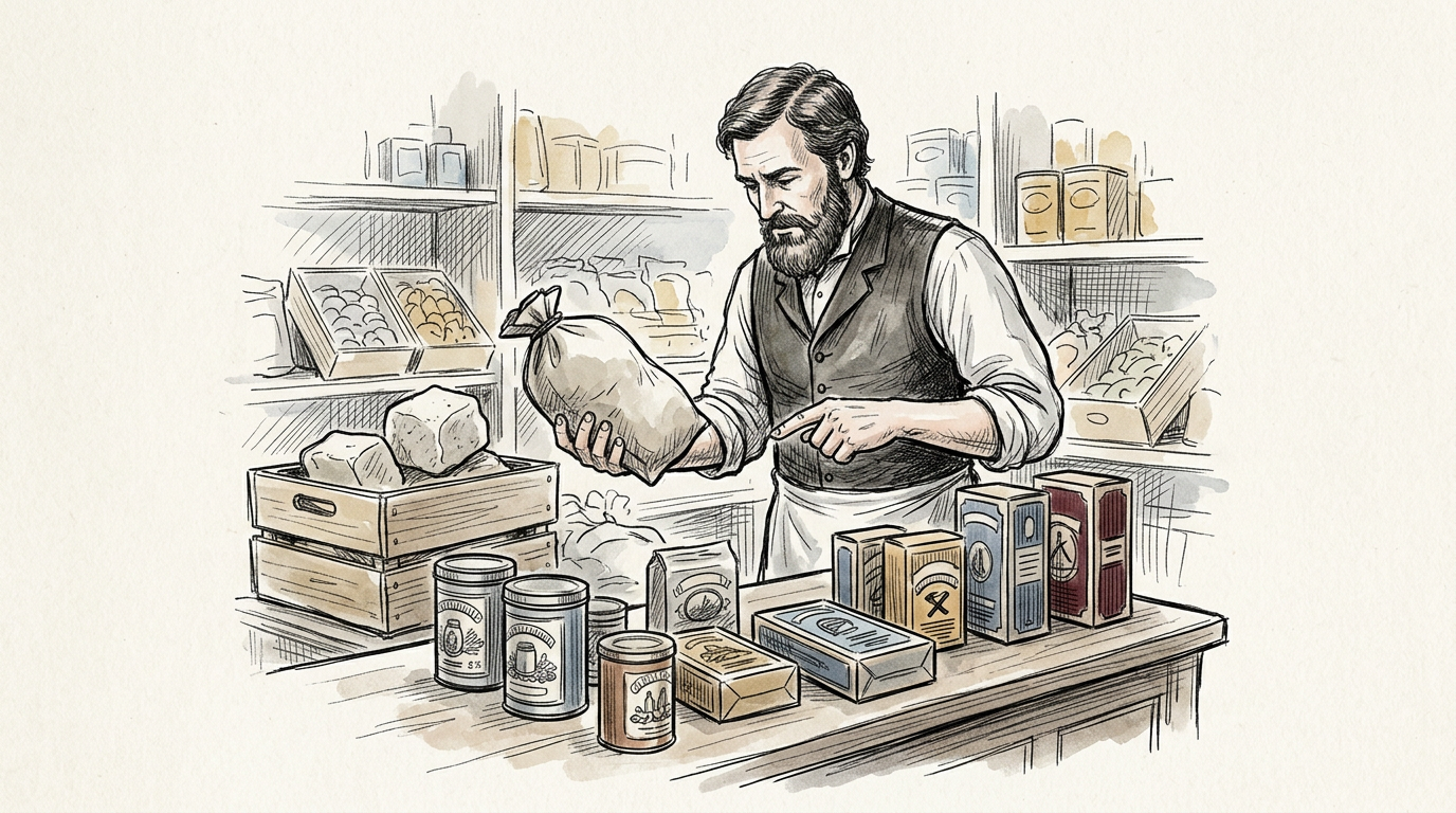 Bearded shopkeeper holding a wrapped package behind a market counter