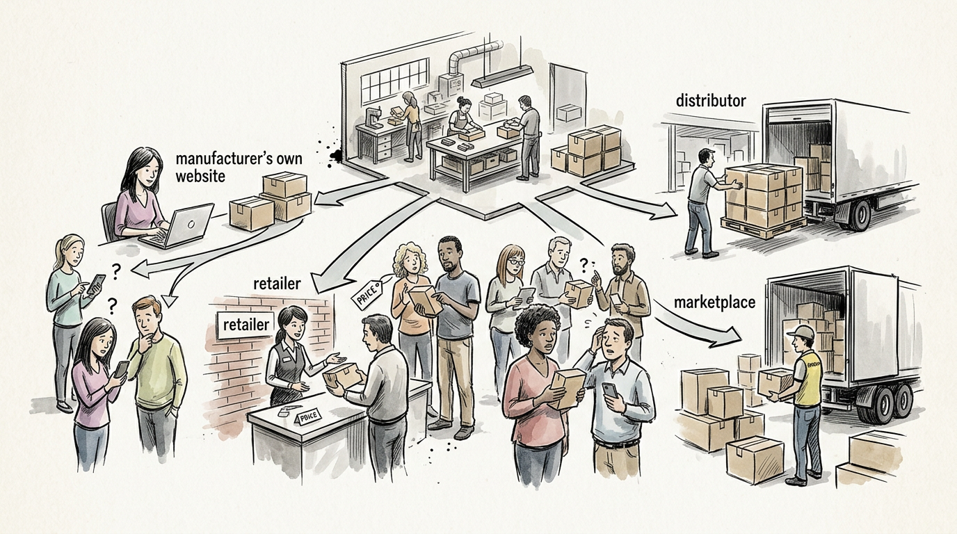 Supply chain diagram linking manufacturer’s own website, retailer, distributor, and marketplace to consumers