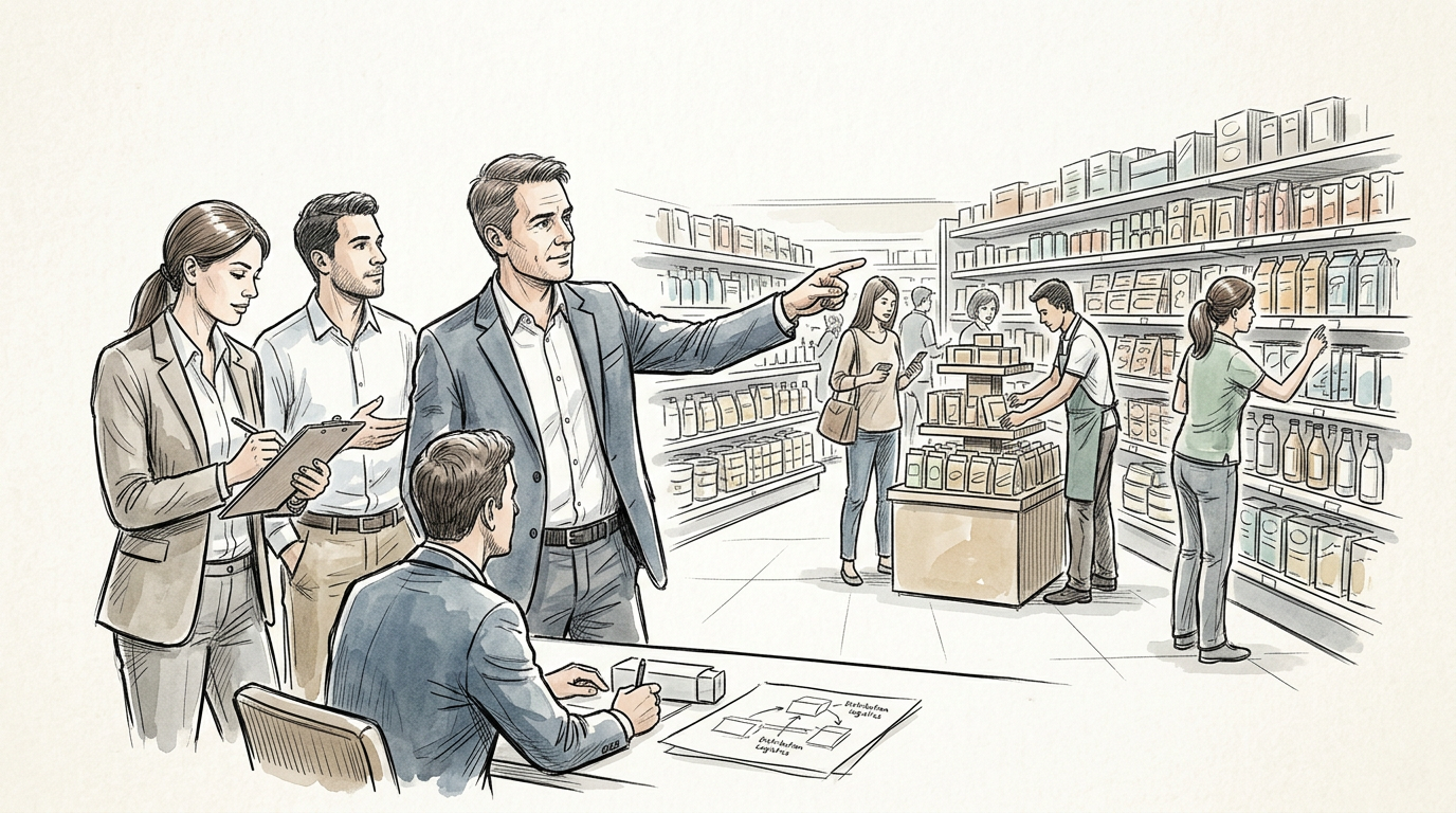 Retail team planning store layout while employees stock shelves