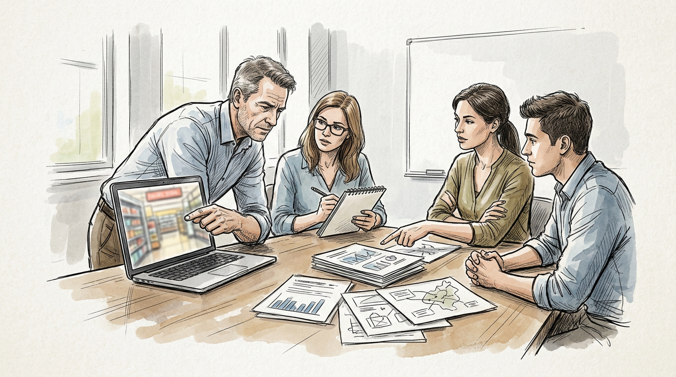 Four colleagues collaborating around a table with charts and laptop