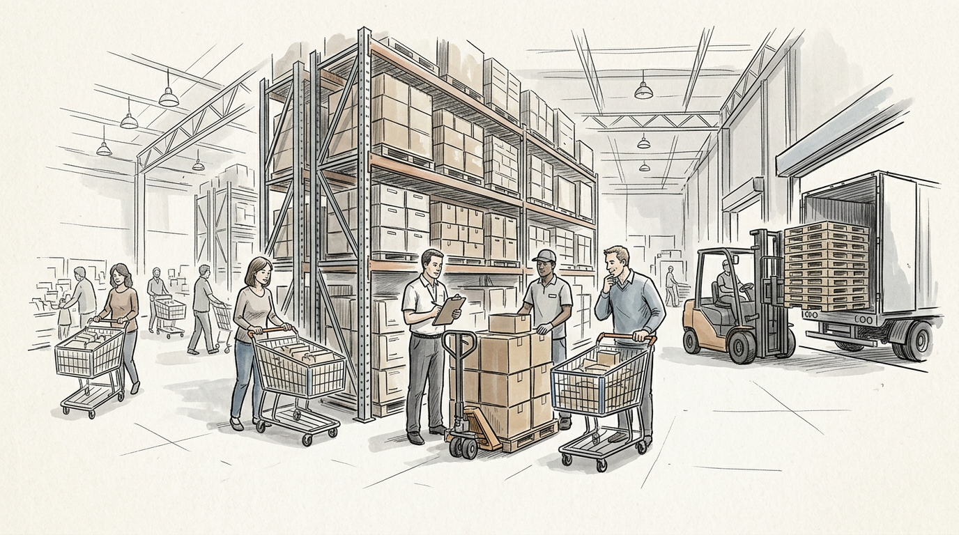 Warehouse workers handling inventory, carts, boxes, and a forklift